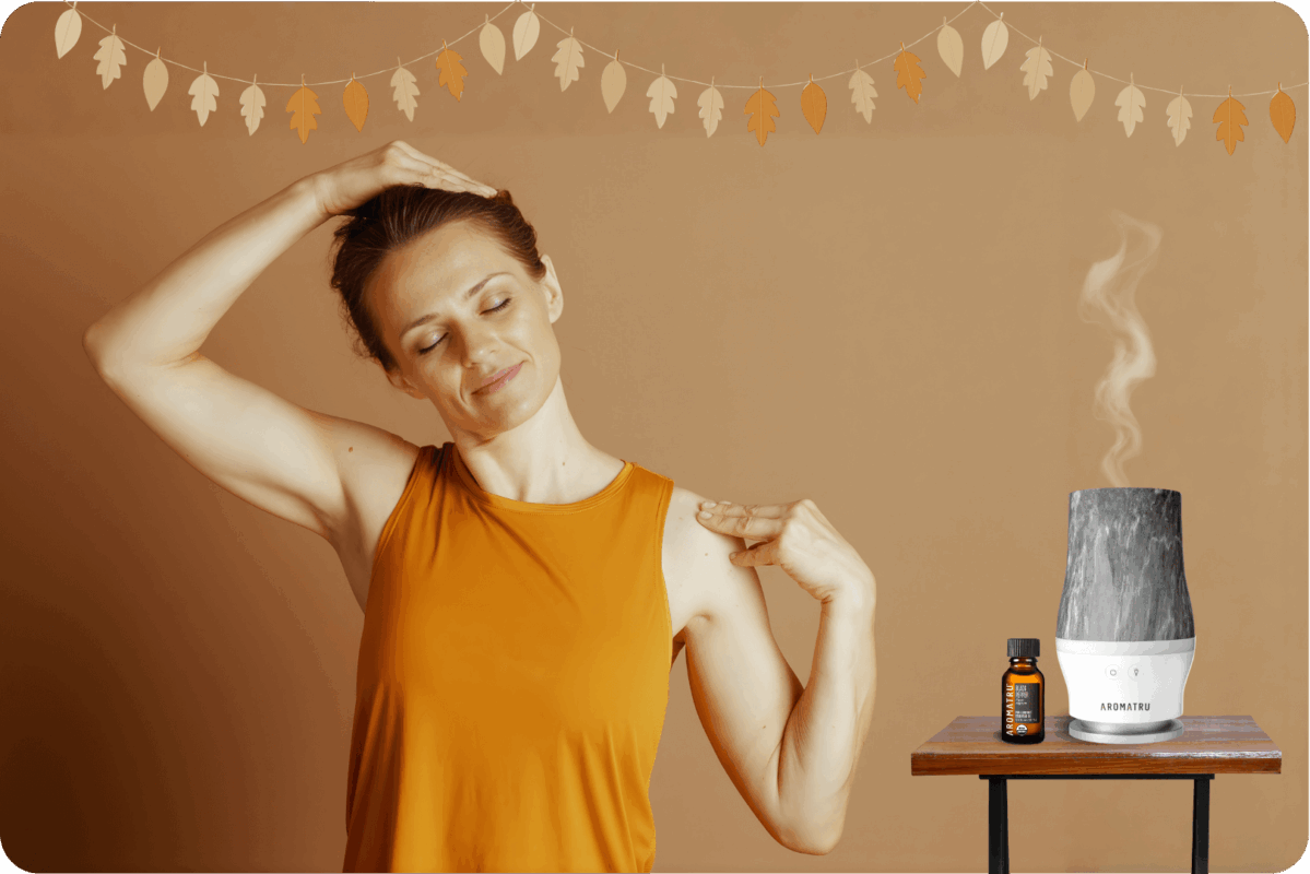 woman stretching next to AromaTru diffuser